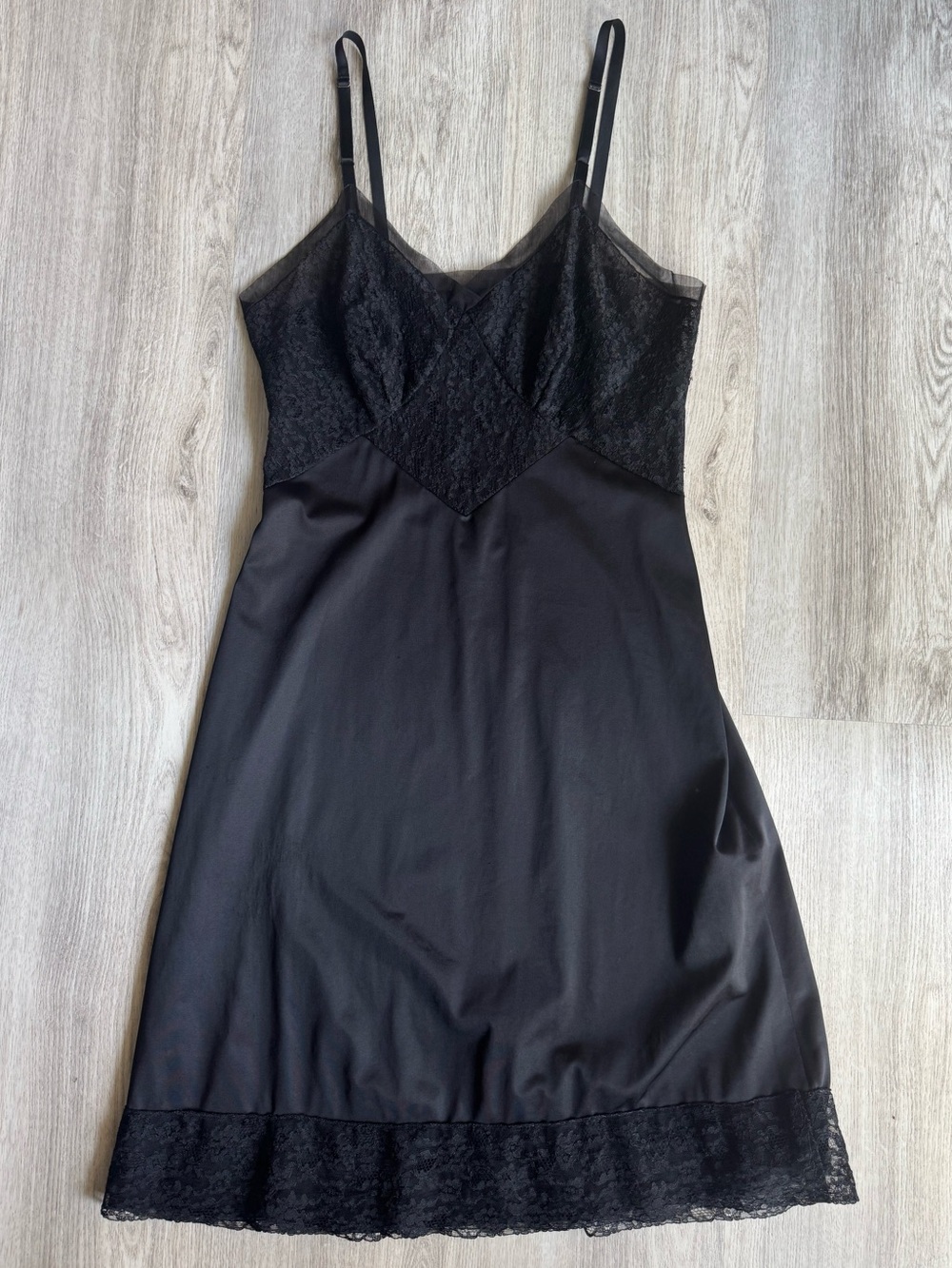 Vintage Vanity Fair Black Nylon and Lace Chemise Slip Dress Undergarment S-M